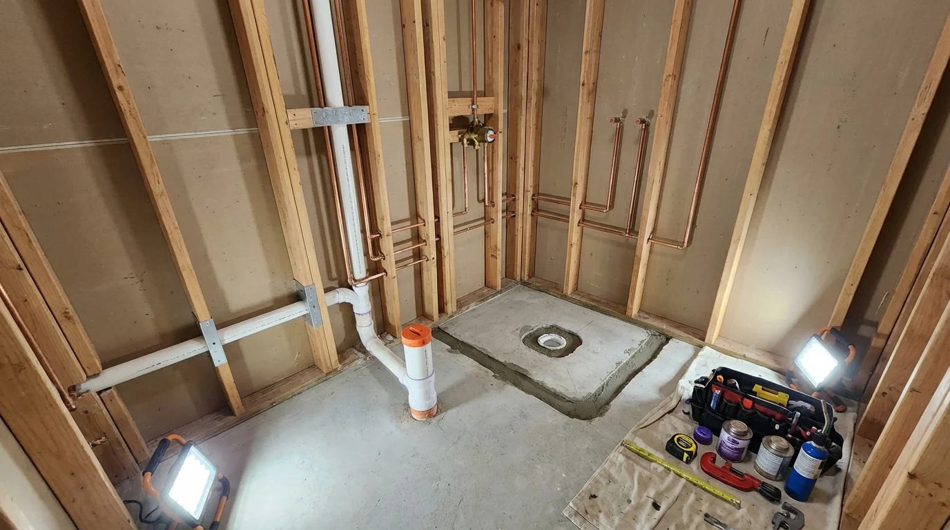 Bathroom rough-in plumbing during remodel by Johns Plumbing LLC in Sandpoint