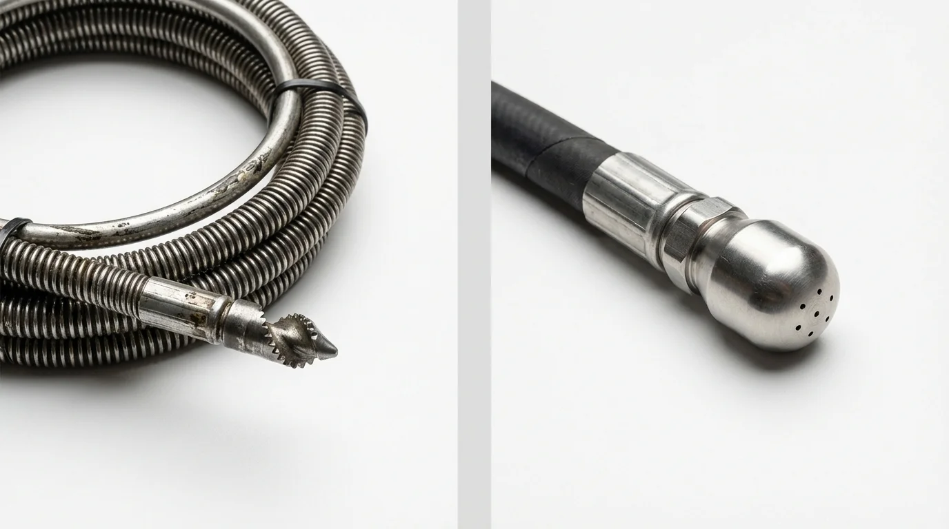 Drain snake cable and hydro jetting nozzle used for drain cleaning in Sandpoint, ID