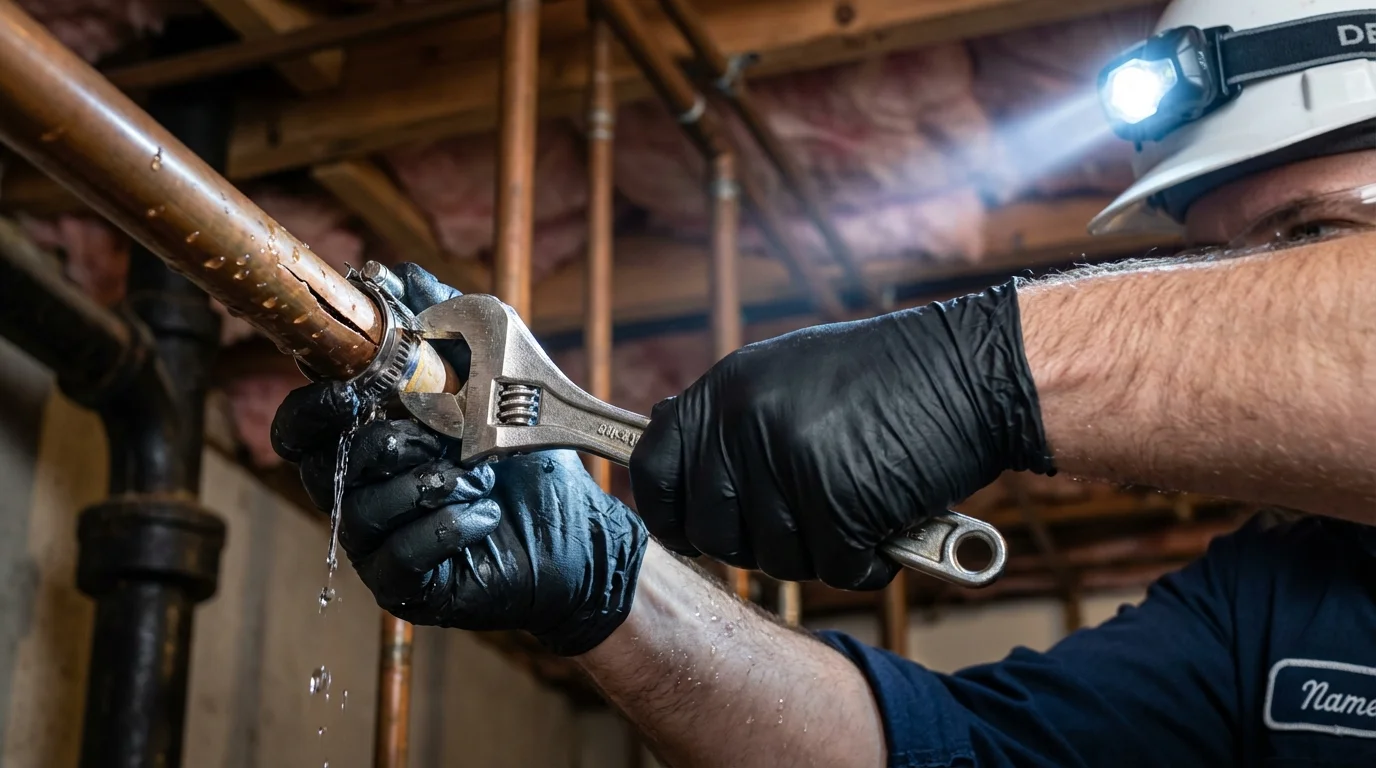 Emergency pipe clamp repair being performed by a Johns Plumbing LLC plumber in Sandpoint