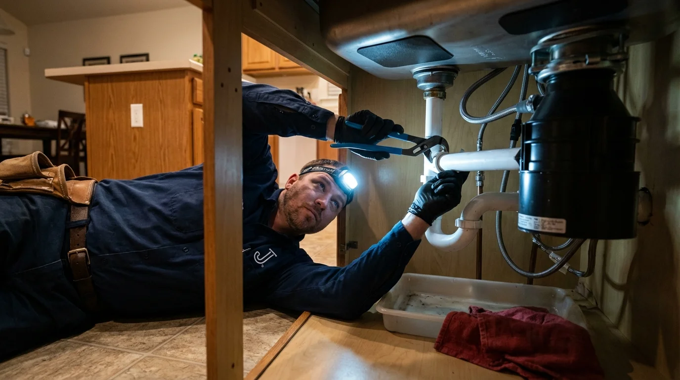 P-trap and supply line connections under a kitchen sink showing a common leak point in Sandpoint, ID